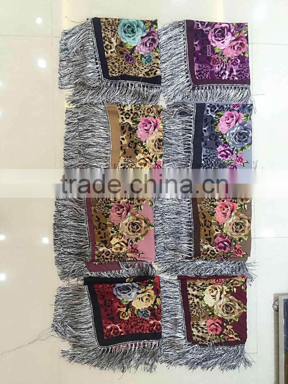 fashion islamic headscarf fringer print flower french cotton muslim square scarf for women