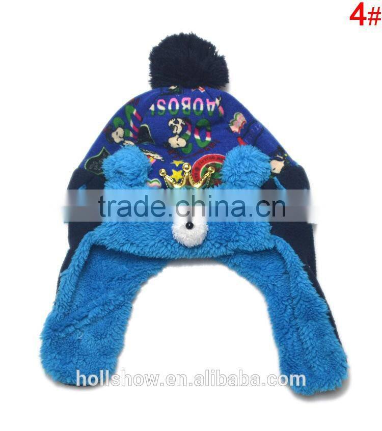 Fashion Warm Crown Fleece Bear Knitted Pom Pom Kids Earflap Hat