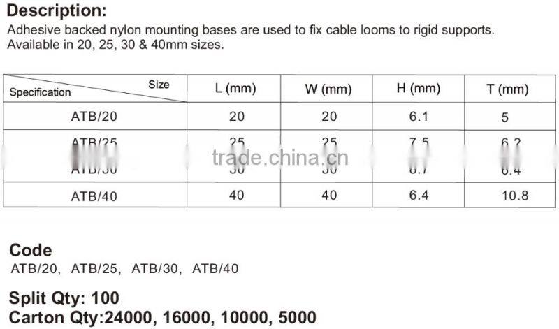Cable Tie Mount, Nylon Base of Cable Tie, Adhesive Base