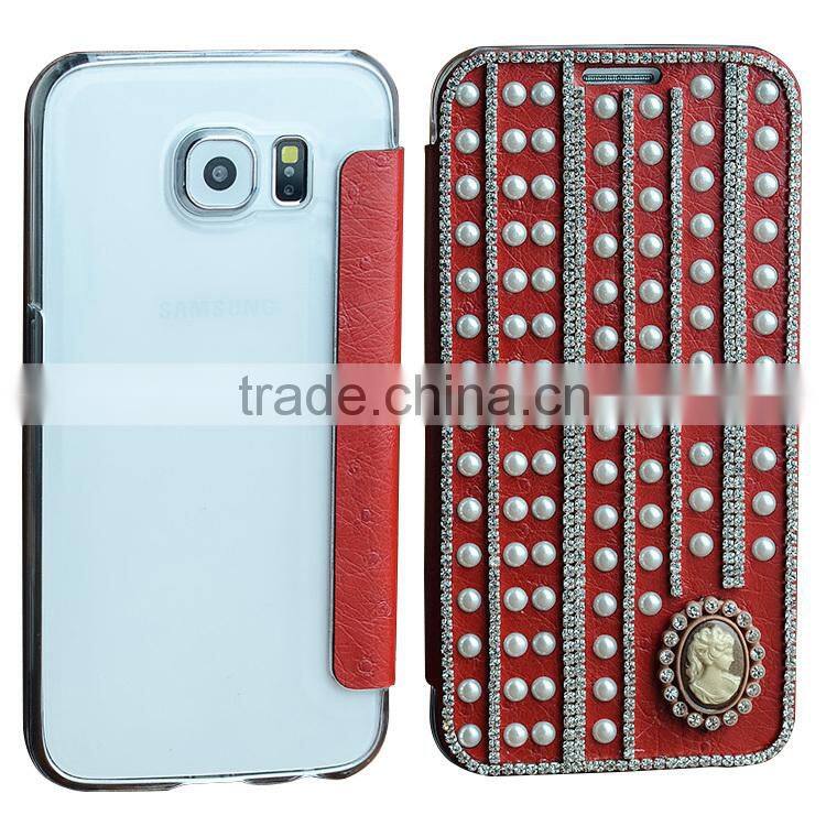 Crystal Cellphone accessories leather wallet flip cover for samsung s6