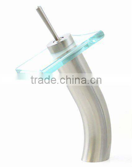 single handle glass waterfall vessel deck faucet in oil rubbed bronze