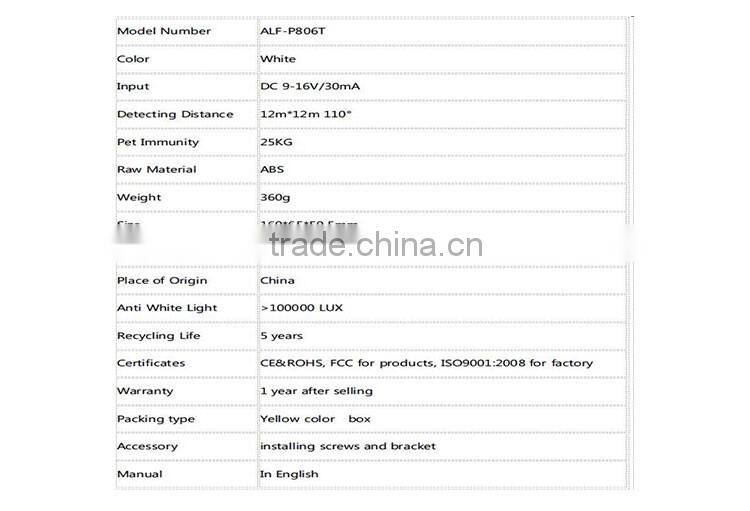 High Quality Outdoor PIR Motion Sensor For Security Alarm With Pet Immunity ALF-P806T