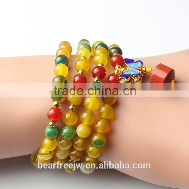 Bear Free Jewelry Multilayer Tibetan Natural Yellow and Green Agate Mala Bead Prayer Wrap Bracelet Necklace
