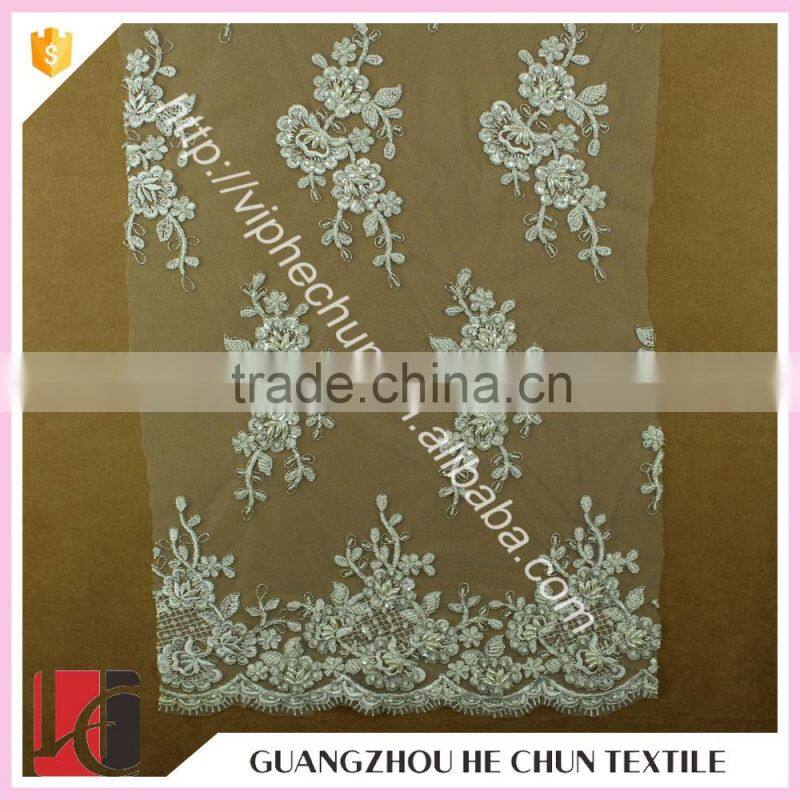 HC-6108-1 Hechun Clear Sequin Bead White Embroidery Net Bridal Lace Fabric