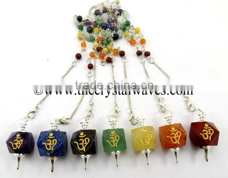 Rose Quartz Om Engraved Hexagonal Pendulum With Chakra Chips Chain