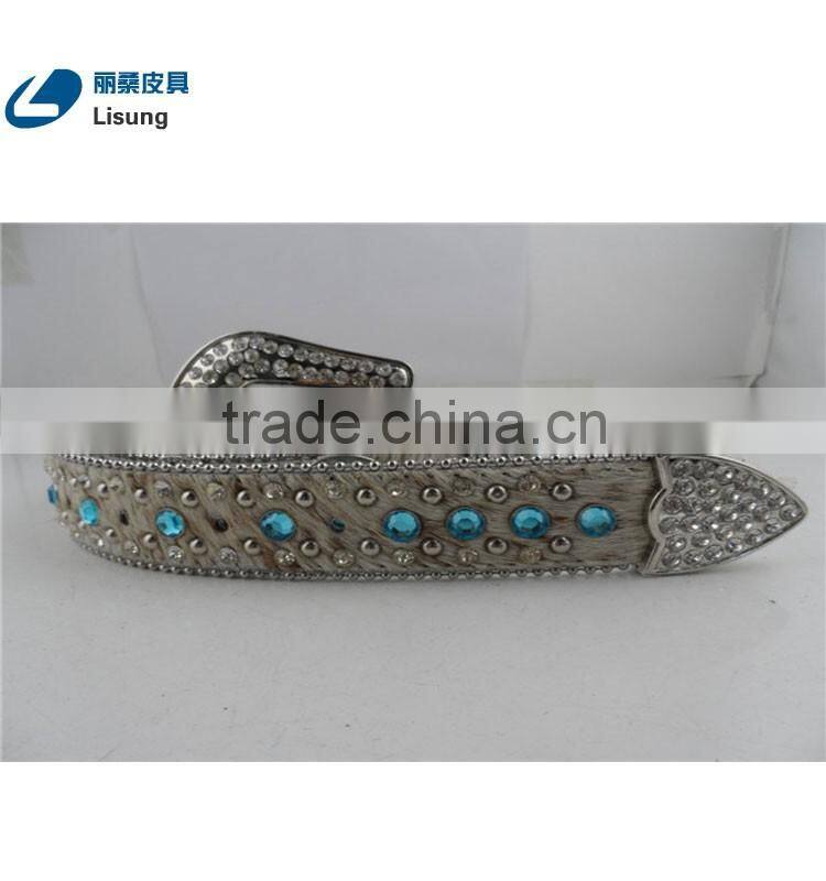 Blue Crystal Bead Crosses Western Cowgirl Rhinestone Leather Belt