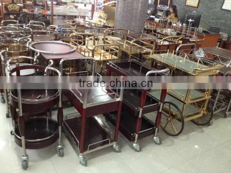 3 Layer Hotel Wood Food Service Handle Cart with Wheels/Coffee & Beverage Trolley