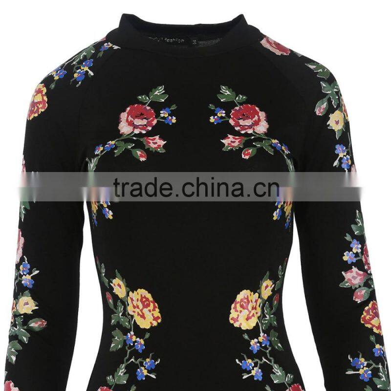 2016 Autumn New Arrival 3D Floral Print Stand Collar Bodycon Dresses Black Long Sleeve Midi Dresses OXL141117