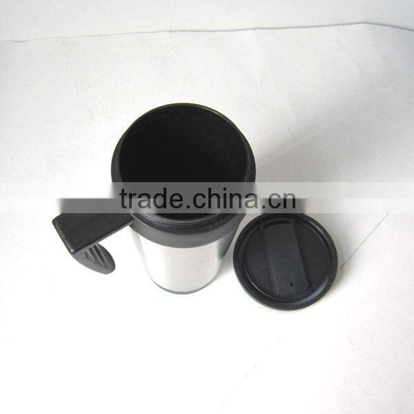 Double wall plastic promotional gift mug with stainless steel outer