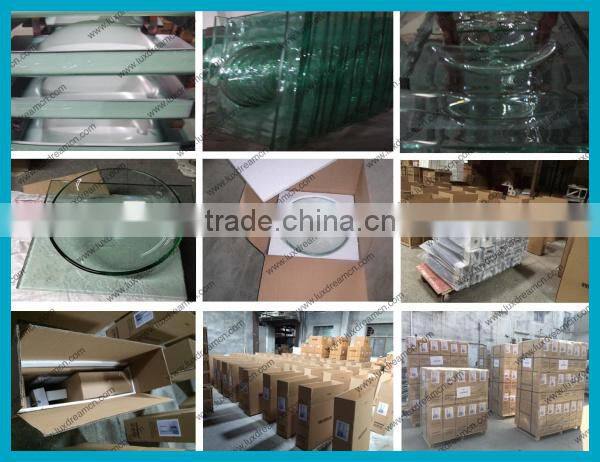 corner green tempered glass wash basin with mirror