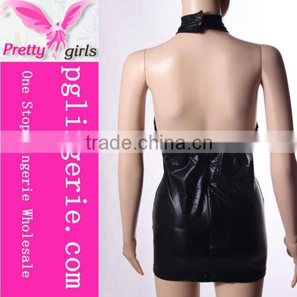 New arrival Front See Through Short backless Black Leather Dress