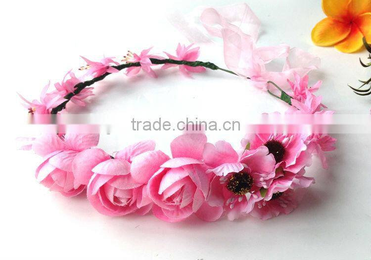 Fashion Mary Girl Flower Garland 100% handmade Pink Rose head ornament Hawaii wreaths