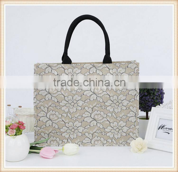 2015 fashion jute shopping bag with lace cover