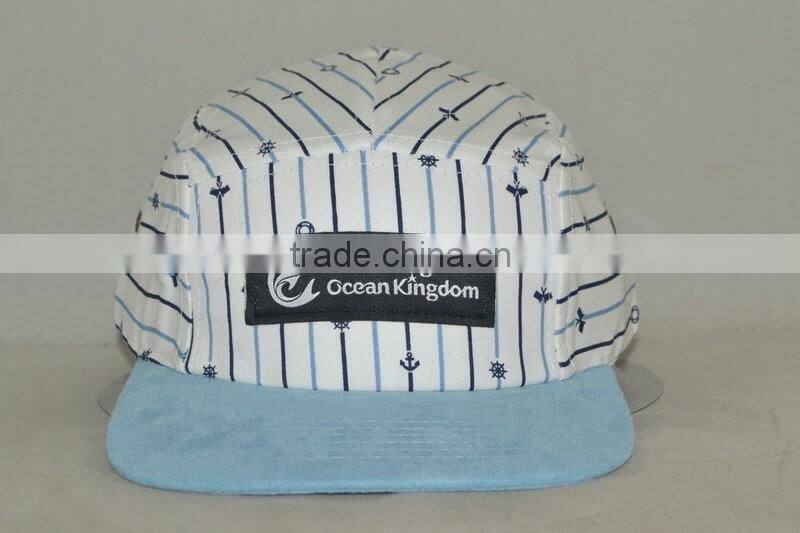 Guangzhou hat factory professional custom 100% polyester / 5 panel/black stripes/black label mark/flat brim hat