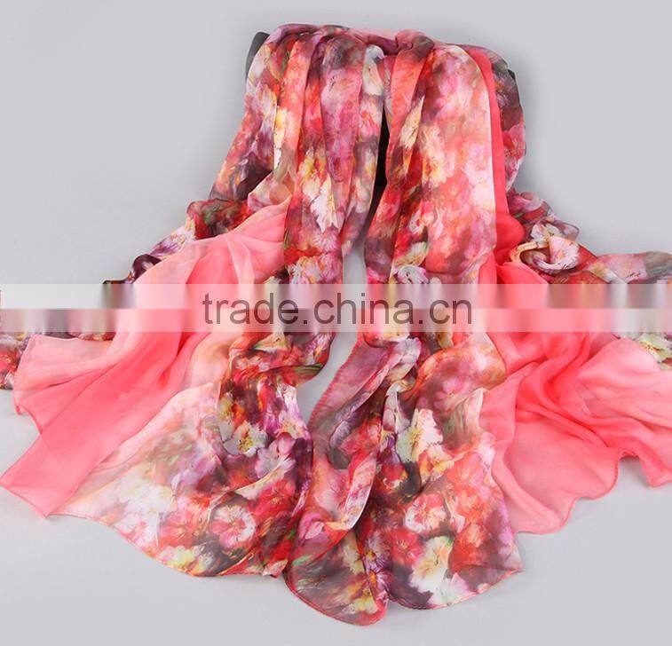 Fashion Active Dying Floral Pattern Scarf 100% Polyester Silk Scarves for Women
