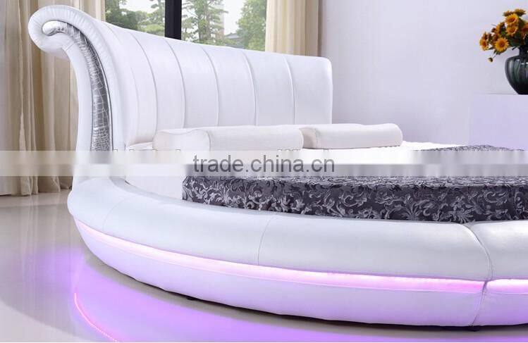 Bisini White Leather LED Round Bed, Luxury LED Round Bed