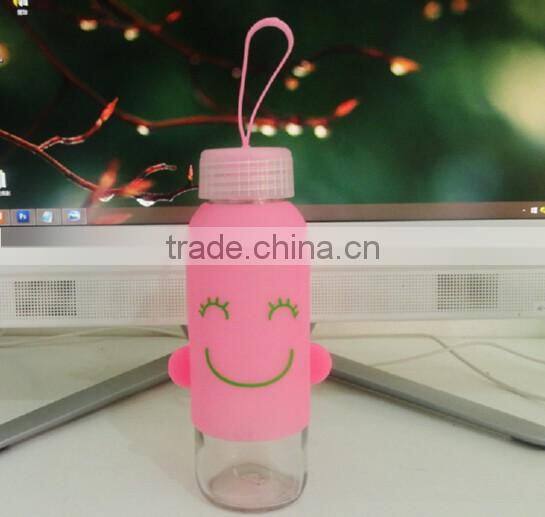 X008 Portable 300ML glass bottle Student bottle with silicone sleeve smile water sport bottle
