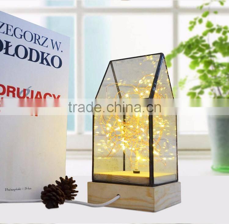 Decorative Glass House Design Night Light, Wooden DIY Fireworks Silver Flower Beautiful Bedding Room Warm Light