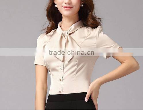 2016 short sleeve women formal blouses uniform silk satin top