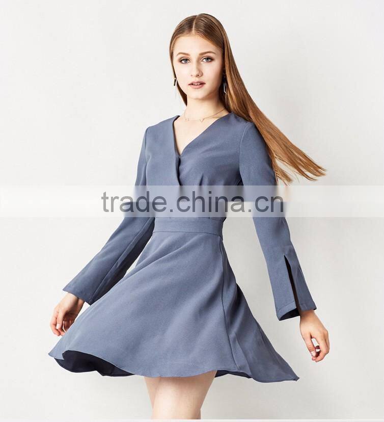 New arrival v neck split cuff design 100% polyester blank wholesale dresses girls' long sleeve one-piece dress