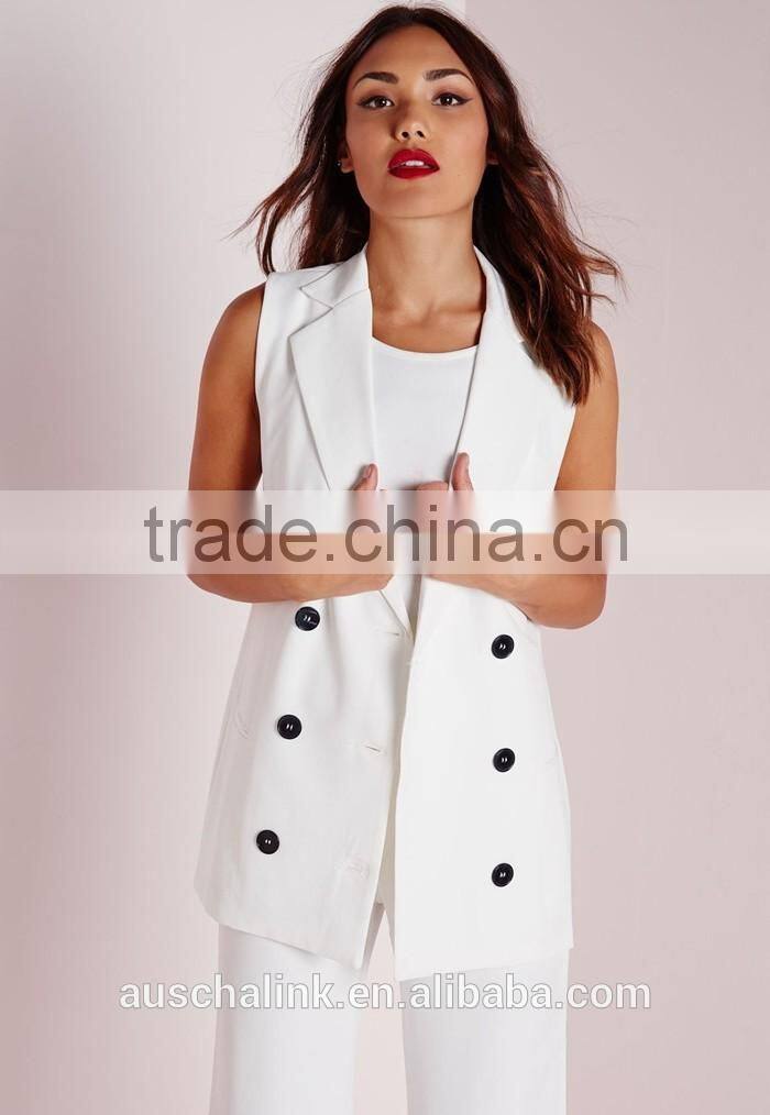 women fancy white sleeveless double breasted slim fit blazer
