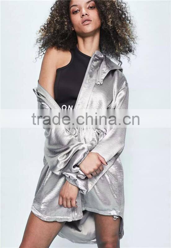 MGOO New Arrival Custom Zip Up Silver Jackets Satin Blazers Stretch Waist Fashion Streetwear Jackets