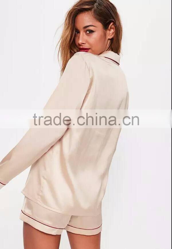 Custom Design Plain Nude Satin Pyjama Set With Contrast Burgundy Piping Button Top With Shorts