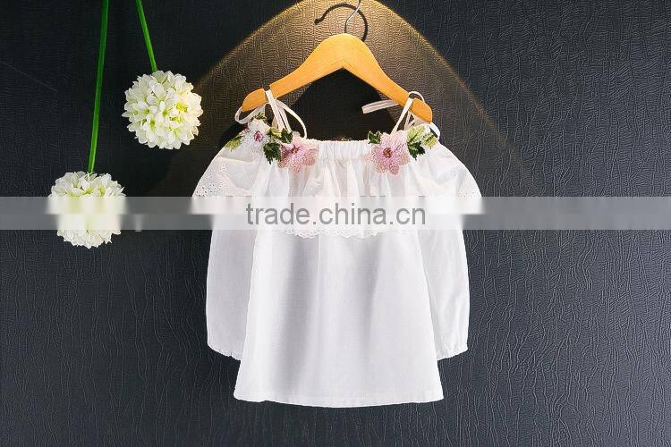 Children's 2017 girls flower embroidery long sleeve white shirt lace collar little girl strapless shirt tank top