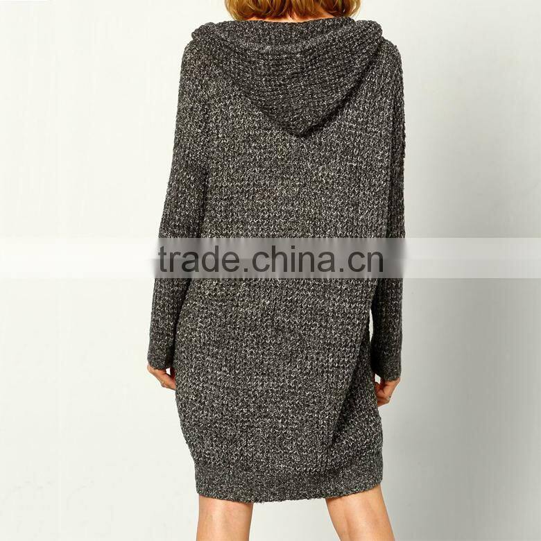 Loose Grey v neck long sleeves ladies sweater designer one piece dress with Hoodie
