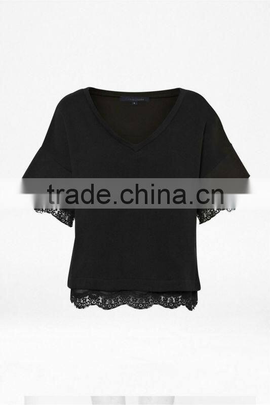 V-neck Short Sleeve Top with Scallop Lace-Trim