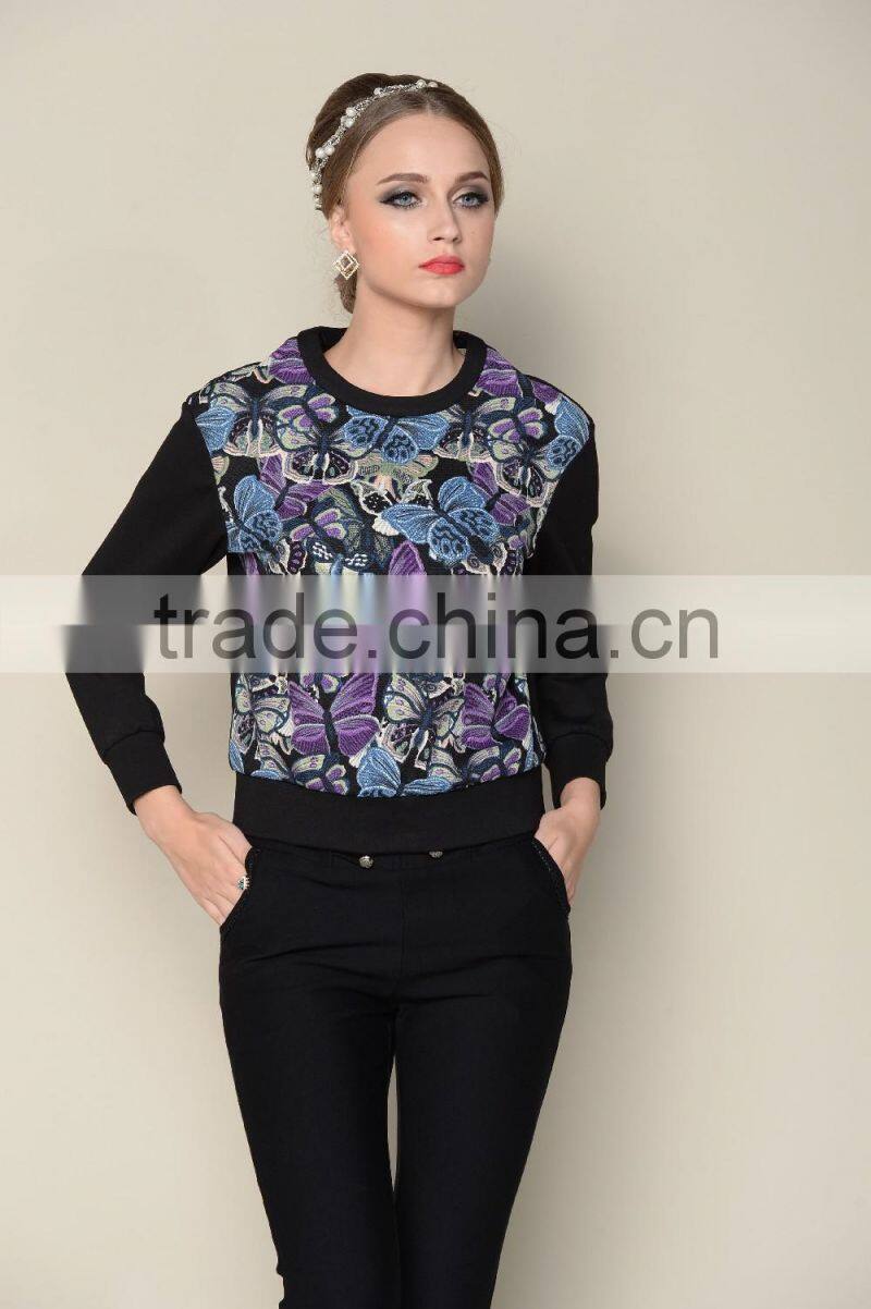 latest black long sleeve floral printing women designer blouse patterns