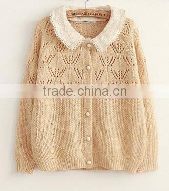 2014 hot sell wholesale high quality hollow cotton long sleeve cute collar cardigan