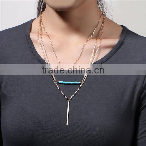New Fashion Multilayer Layered Necklace Gold Plated With Triangle Rectangle Pendants Green Blue Beads 43.5cm long