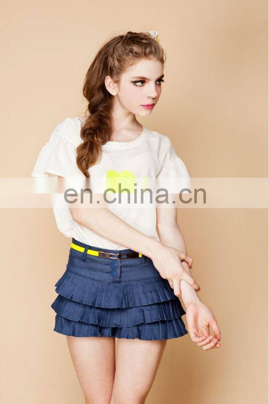 Japanese style characteristic layered ruffles jeans skirt shorts latest designs photos