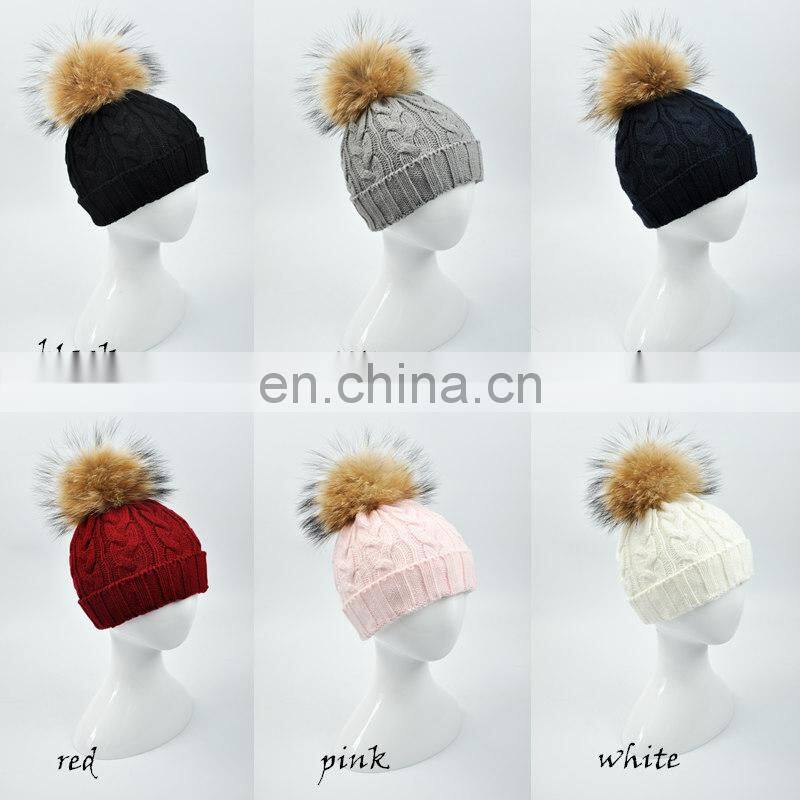 Wholesale Handmade Thick Warm Winter Hat With Natural Raccoon Fur Ball Knitting Baby Beanie
