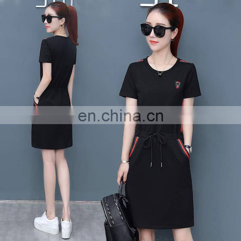 Factory source stock large size women's dress with waist slimming slimming mid-length fashion short-sleeved dress