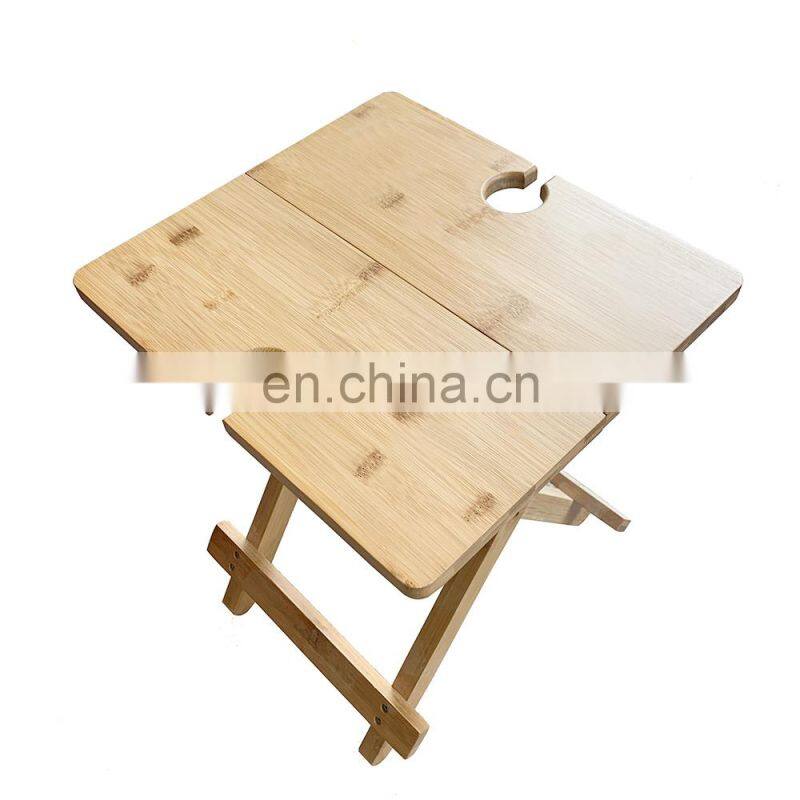 foldable bamboo table travel picnic tray cut out holds 4 stemmed wine glasses folds flat for easy transport with a carry bag