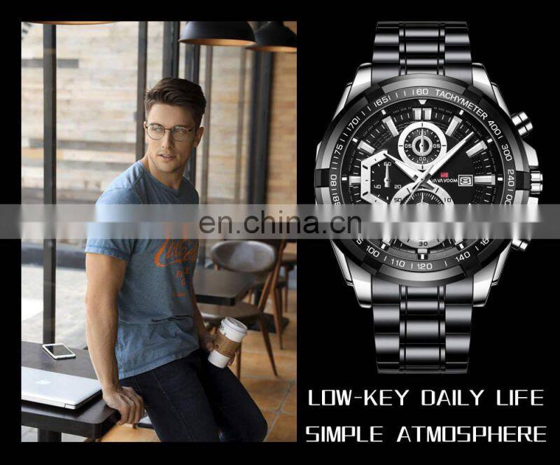 VA VA VOOM 2321 Men Quartz Watch Sports Fashion Rose Gold Case Black Stainless Steel chain watch for men