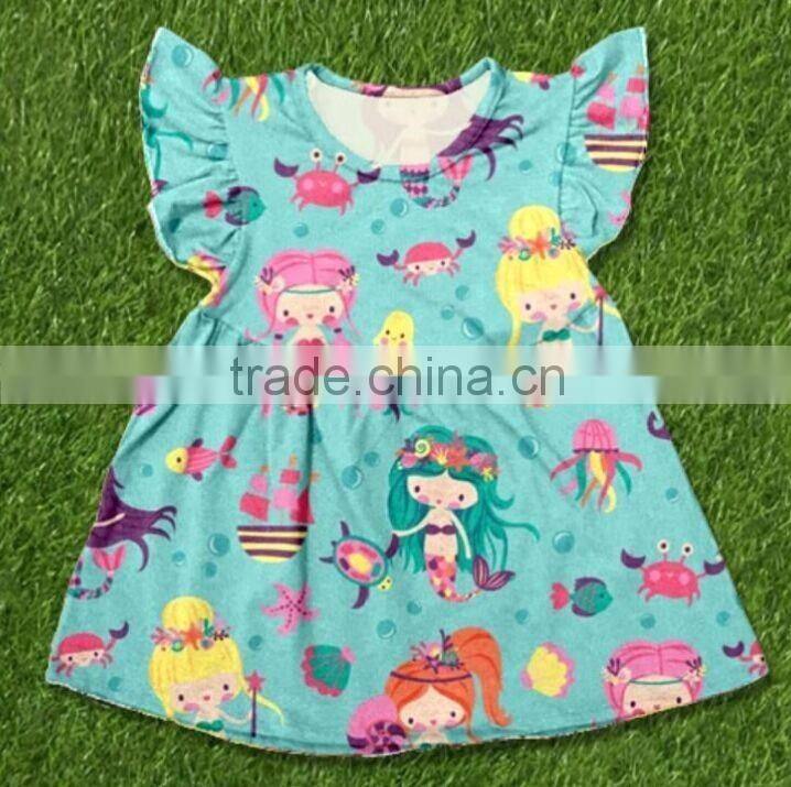 Latest style frozen elsa print girls summer dresses flutter sleeve dress for baby girl childrens boutique clothing dress