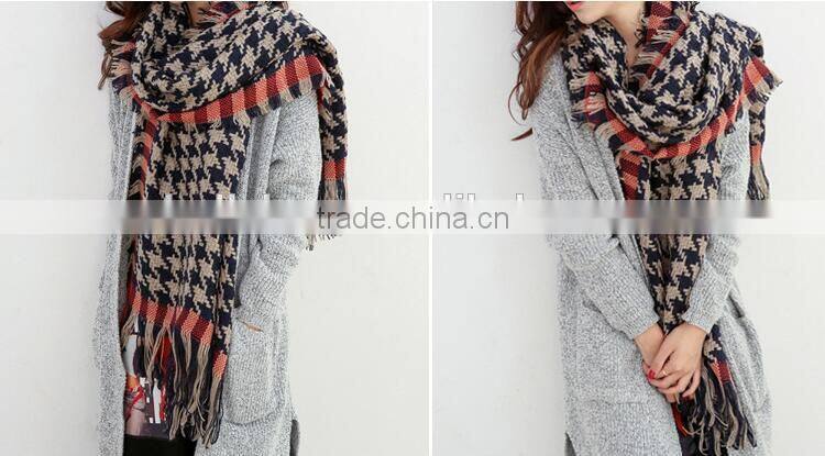 Latest Design Fringed Tassel Houndstooth Jacquard Fashion Woman Cashmere Scarf