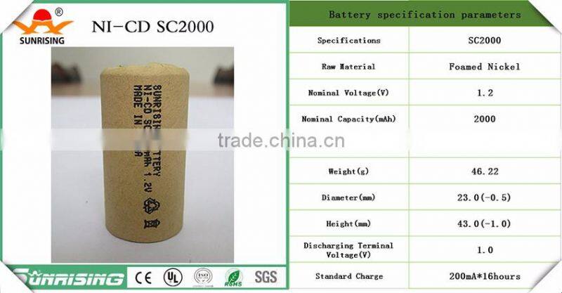 NiCd Rechargeable battery 1.2v sc2000 ni cd battery pack for power tools