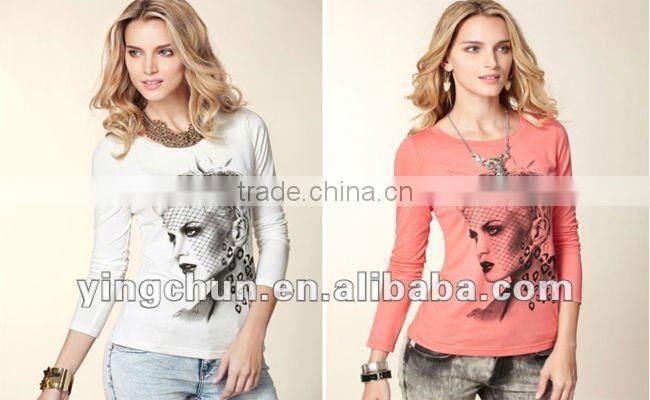 Priting long sleeve t-shirt for lady, hot sale in Europe(YCT-B0290)