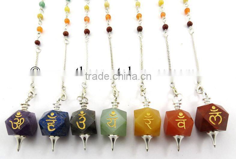 Rose Quartz Om Engraved Hexagonal Pendulum With Chakra Chips Chain