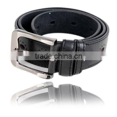 Men's Black Color Perforated Artificial PU Leather Belt with Silver Heavy Pin Buckle
