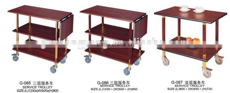 3 Layer Hotel Wood Food Service Handle Cart with Wheels/Coffee & Beverage Trolley