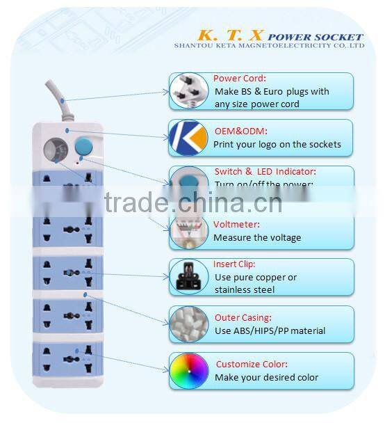 10 Way Multiple Power Extension Lead Socket With Voltmeter