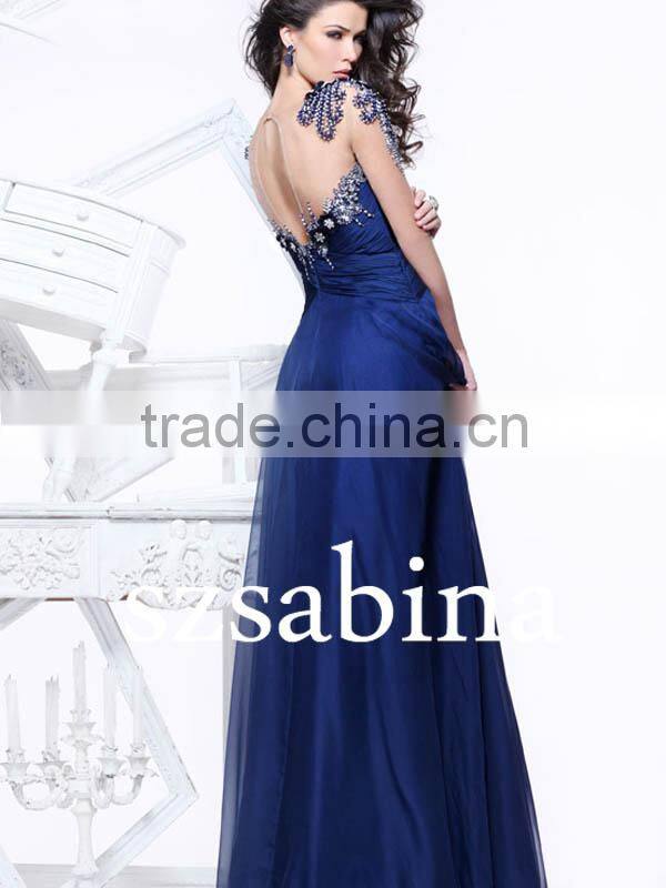 E0205 See Through Back Royal Blue Sweetheart Chiffon Long Beaded Evening Gown Dress