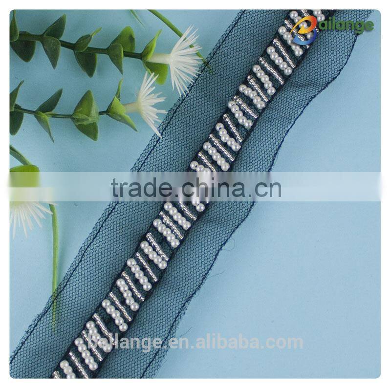 high quality whosale metal mesh stretch flower lace beaded trim 2015