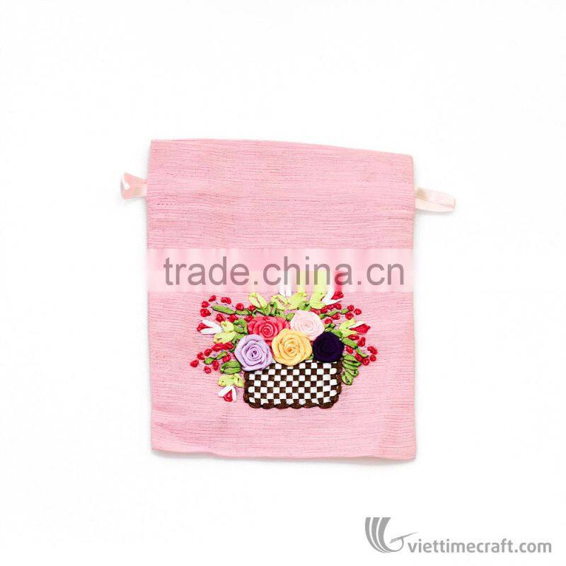 Hand embroidered bag with drawing string, elegant designs, various colors to choose