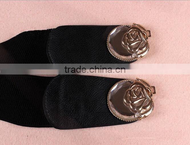 Wholesale stone inlaid flower pattern buckle sex women lady wide PU waist belt